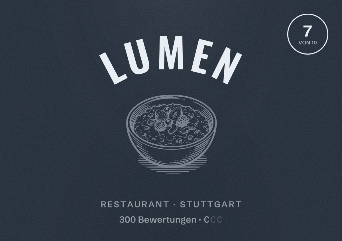 Illustriertes Poster von Lumen, Restaurant in Stuttgart: Bewertung 7 von 10 aus 300 Bewertungen, Preisniveau €