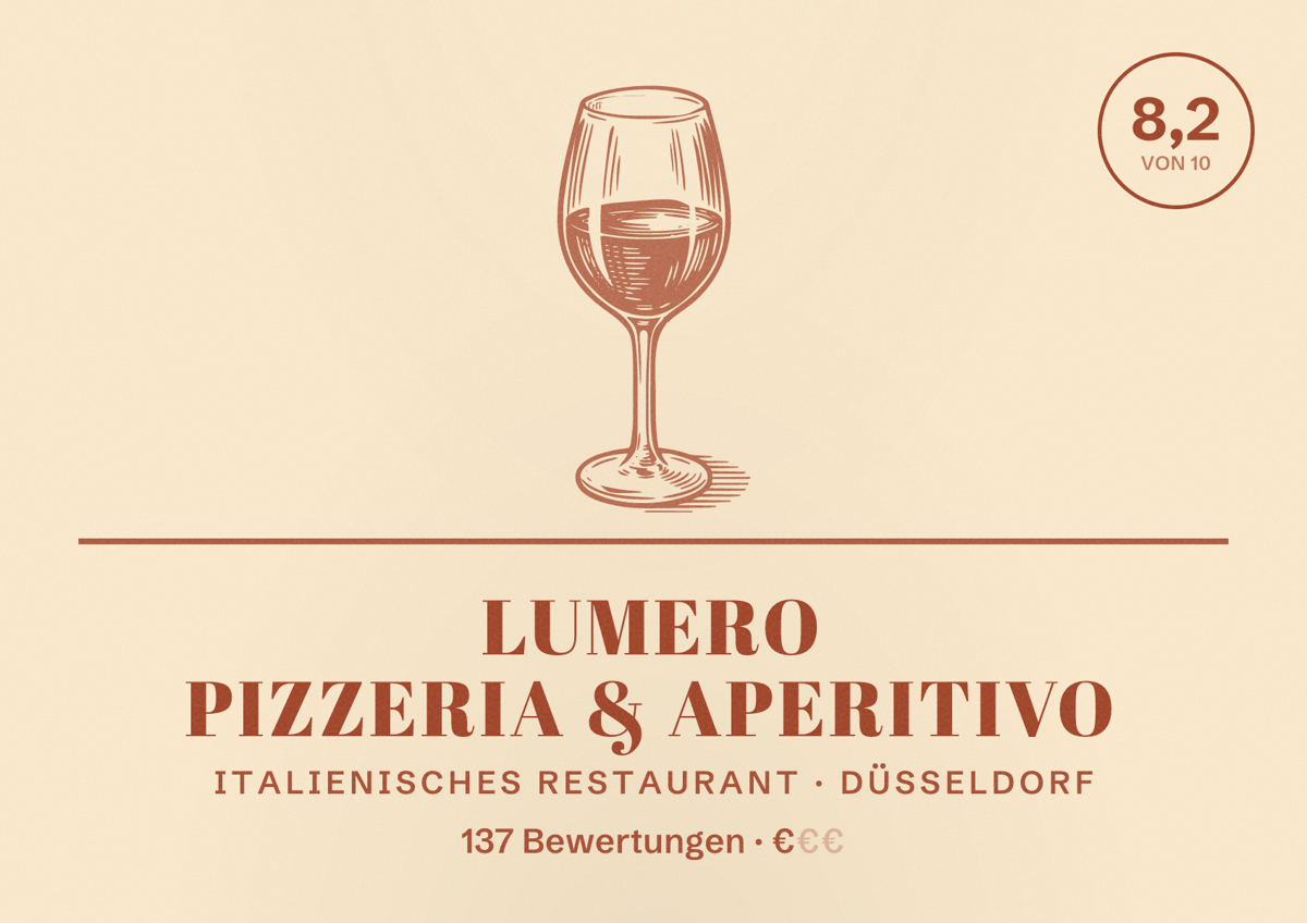 Illustriertes Poster von LUMERO Pizzeria & Aperitivo, Italienisches Restaurant in Düsseldorf: Bewertung 8,2 von 10 aus 137 Bewertungen, Preisniveau €
