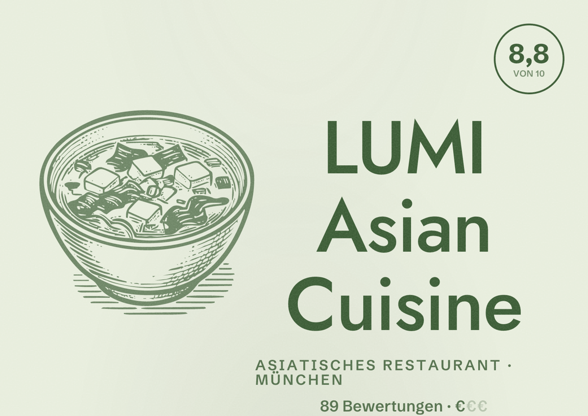 Illustriertes Poster von LUMI Asian Cuisine, Asiatisches Restaurant in München: Bewertung 8,8 von 10 aus 89 Bewertungen, Preisniveau €