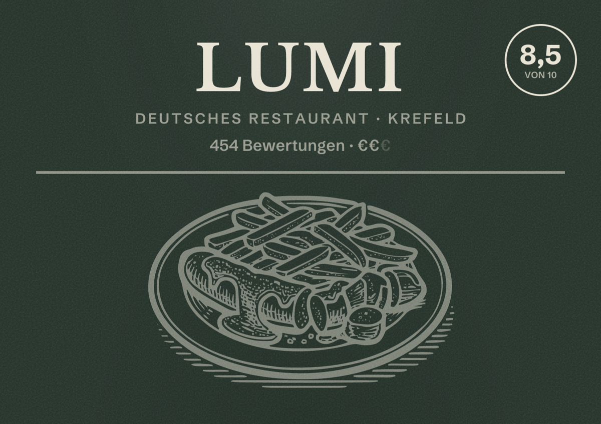 Illustriertes Poster von Lumi, Deutsches Restaurant in Krefeld: Bewertung 8,5 von 10 aus 454 Bewertungen, Preisniveau €€