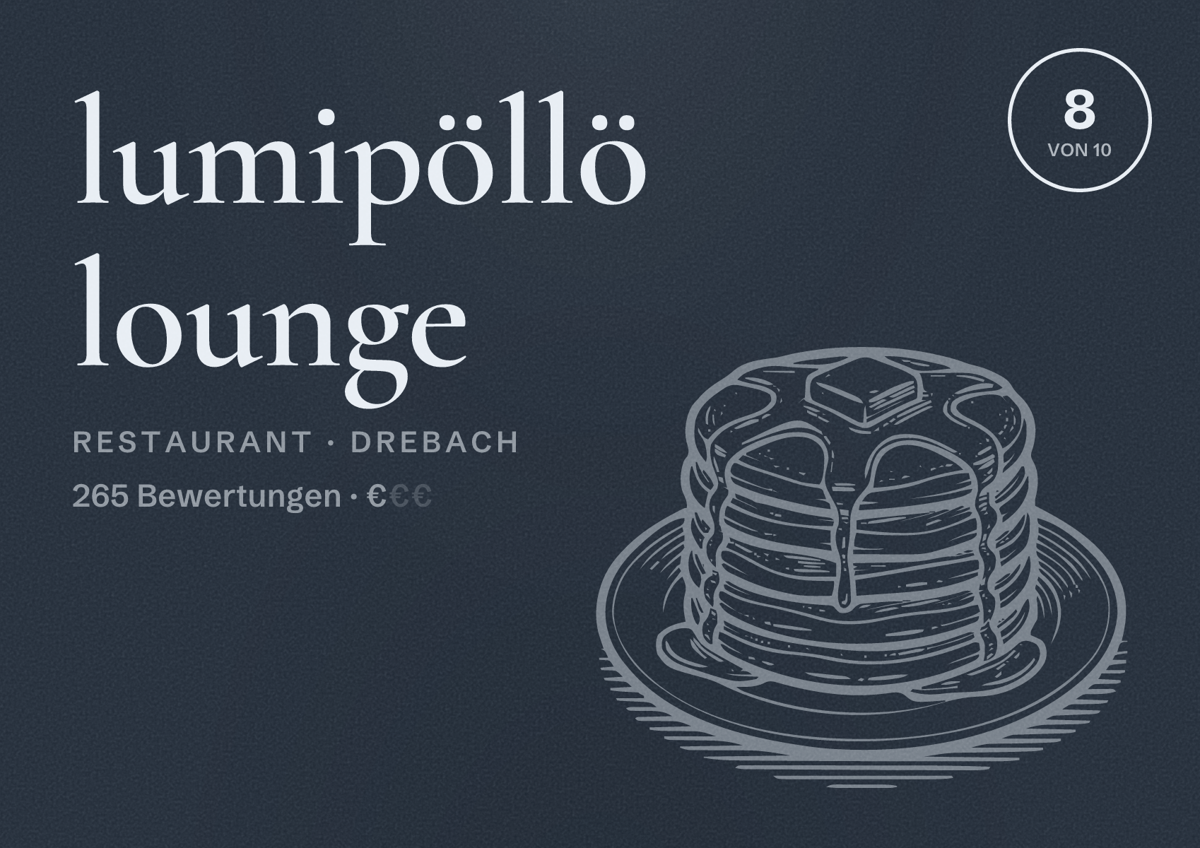 Illustriertes Poster von lumipöllö lounge, Restaurant in Drebach: Bewertung 8 von 10 aus 265 Bewertungen, Preisniveau €