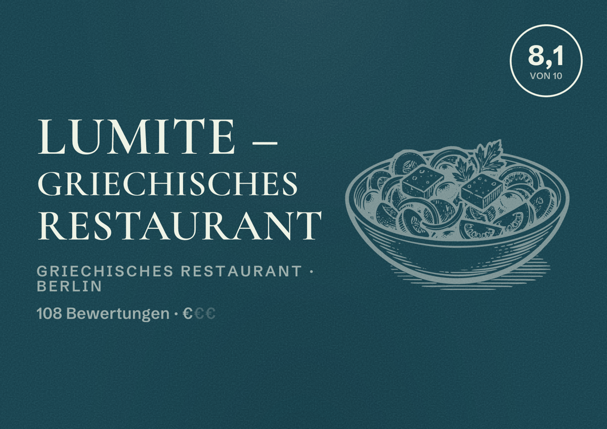 Illustriertes Poster von Lumite – Griechisches Restaurant, Griechisches Restaurant in Berlin: Bewertung 8,1 von 10 aus 108 Bewertungen, Preisniveau €