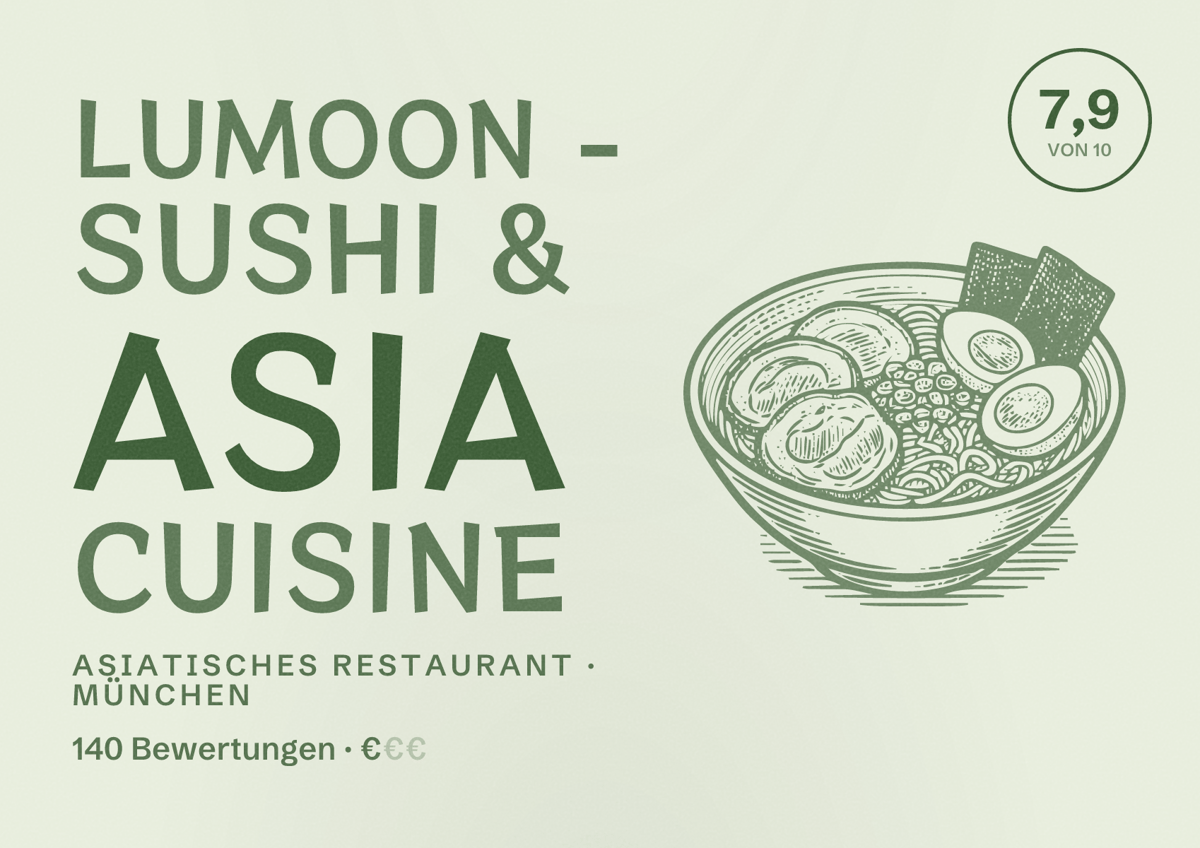 Illustriertes Poster von Lumoon - Sushi & Asia Cuisine, Asiatisches Restaurant in München: Bewertung 7,9 von 10 aus 140 Bewertungen, Preisniveau €