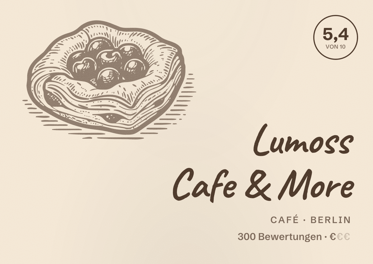 Illustriertes Poster von Lumoss Cafe & More, Café in Berlin: Bewertung 5,4 von 10 aus 300 Bewertungen, Preisniveau €