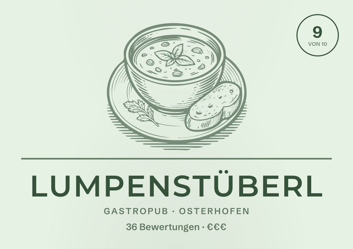 Illustriertes Poster von Lumpenstüberl, Gastropub in Osterhofen: Bewertung 9 von 10 aus 36 Bewertungen, Preisniveau €€€