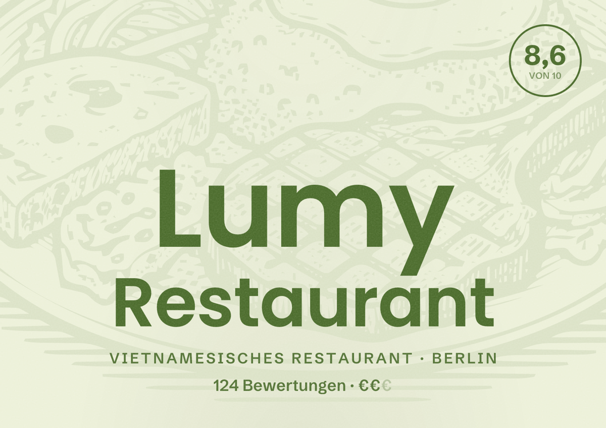 Illustriertes Poster von Lumy Restaurant, Vietnamesisches Restaurant in Berlin: Bewertung 8,6 von 10 aus 124 Bewertungen, Preisniveau €€