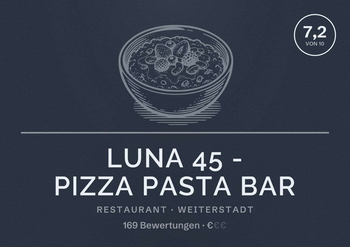 Illustriertes Poster von Luna 45 - Pizza Pasta Bar, Restaurant in Weiterstadt: Bewertung 7,2 von 10 aus 169 Bewertungen, Preisniveau €
