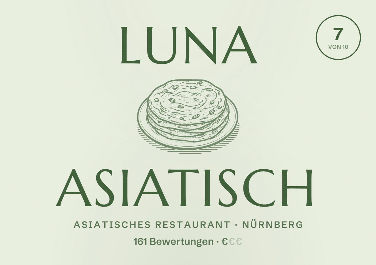 Illustriertes Poster von Luna asiatisch, Asiatisches Restaurant in Nürnberg: Bewertung 7 von 10 aus 161 Bewertungen, Preisniveau €