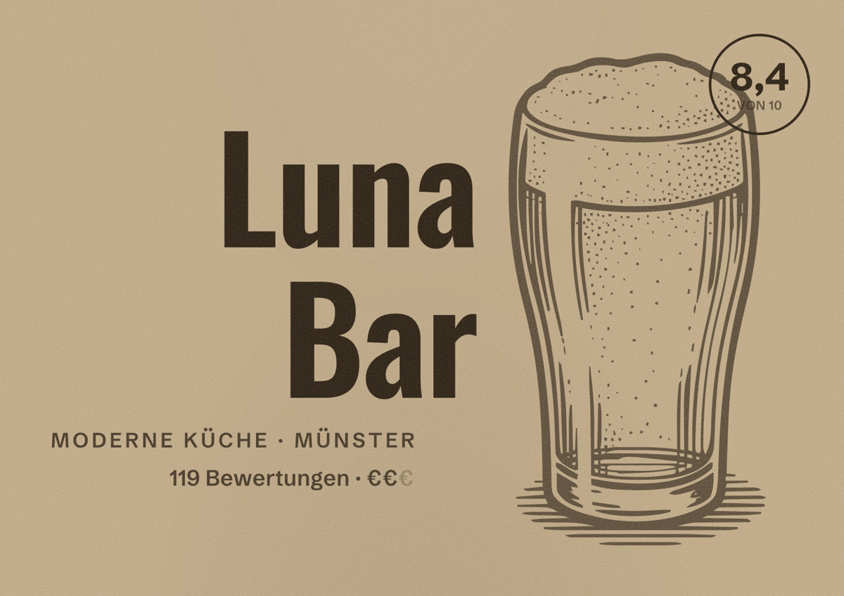 Illustriertes Poster von Luna Bar, Moderne Küche in Münster: Bewertung 8,4 von 10 aus 119 Bewertungen, Preisniveau €€