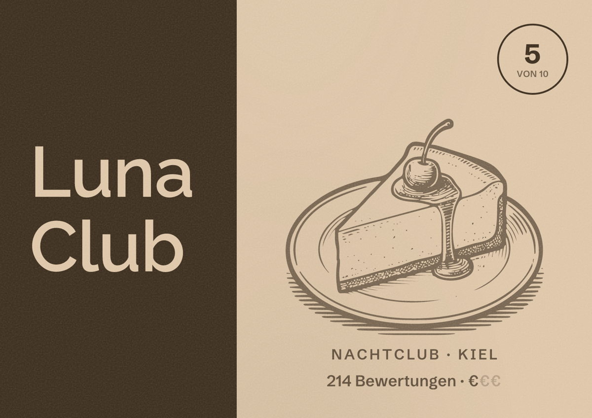 Illustriertes Poster von Luna Club, Nachtclub in Kiel: Bewertung 5 von 10 aus 214 Bewertungen, Preisniveau €