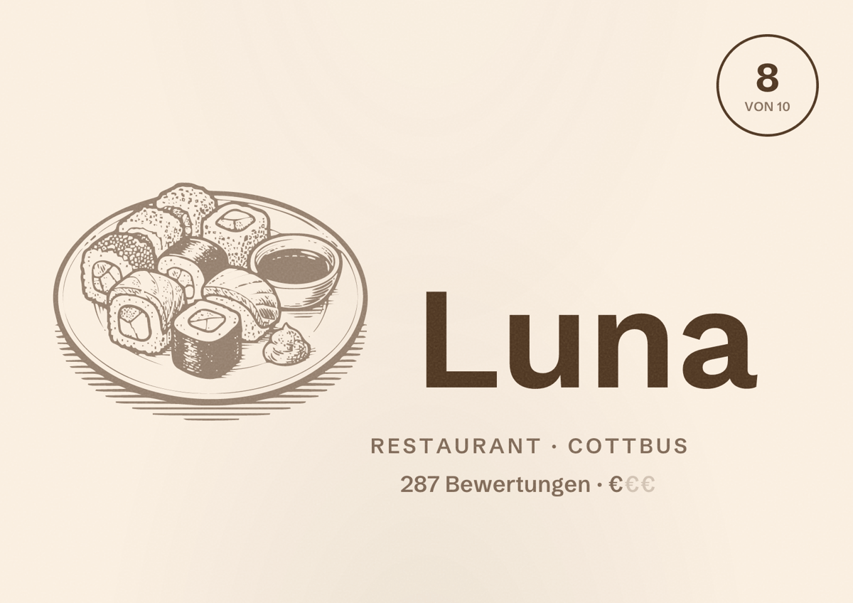 Illustriertes Poster von Luna, Restaurant in Cottbus: Bewertung 8 von 10 aus 287 Bewertungen, Preisniveau €