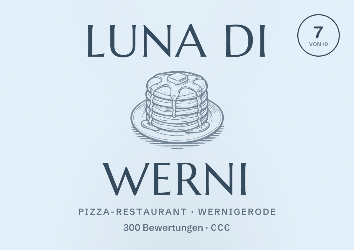 Illustriertes Poster von Luna di Werni, Pizza-Restaurant in Wernigerode: Bewertung 7 von 10 aus 300 Bewertungen, Preisniveau €€€