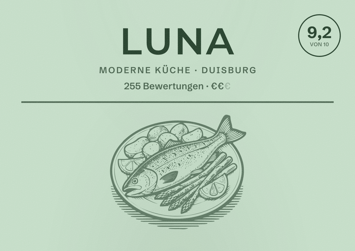 Illustriertes Poster von LUNA, Moderne Küche in Duisburg: Bewertung 9,2 von 10 aus 255 Bewertungen, Preisniveau €€