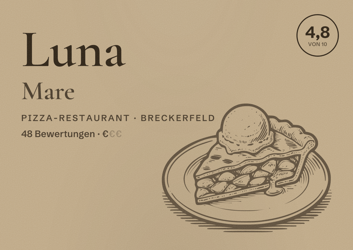 Illustriertes Poster von Luna Mare, Pizza-Restaurant in Breckerfeld: Bewertung 4,8 von 10 aus 48 Bewertungen, Preisniveau €