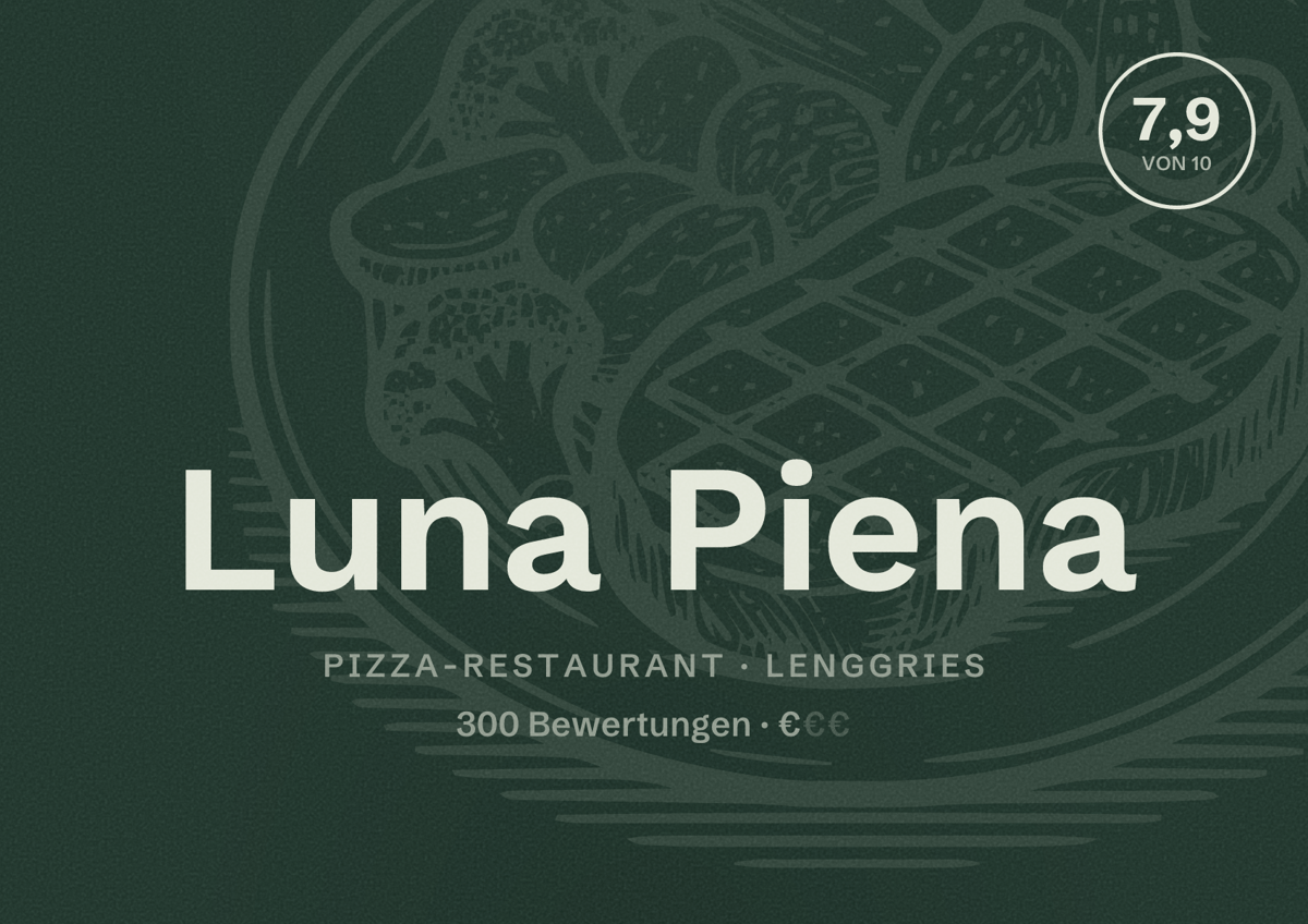 Illustriertes Poster von Luna Piena, Pizza-Restaurant in Lenggries: Bewertung 7,9 von 10 aus 300 Bewertungen, Preisniveau €