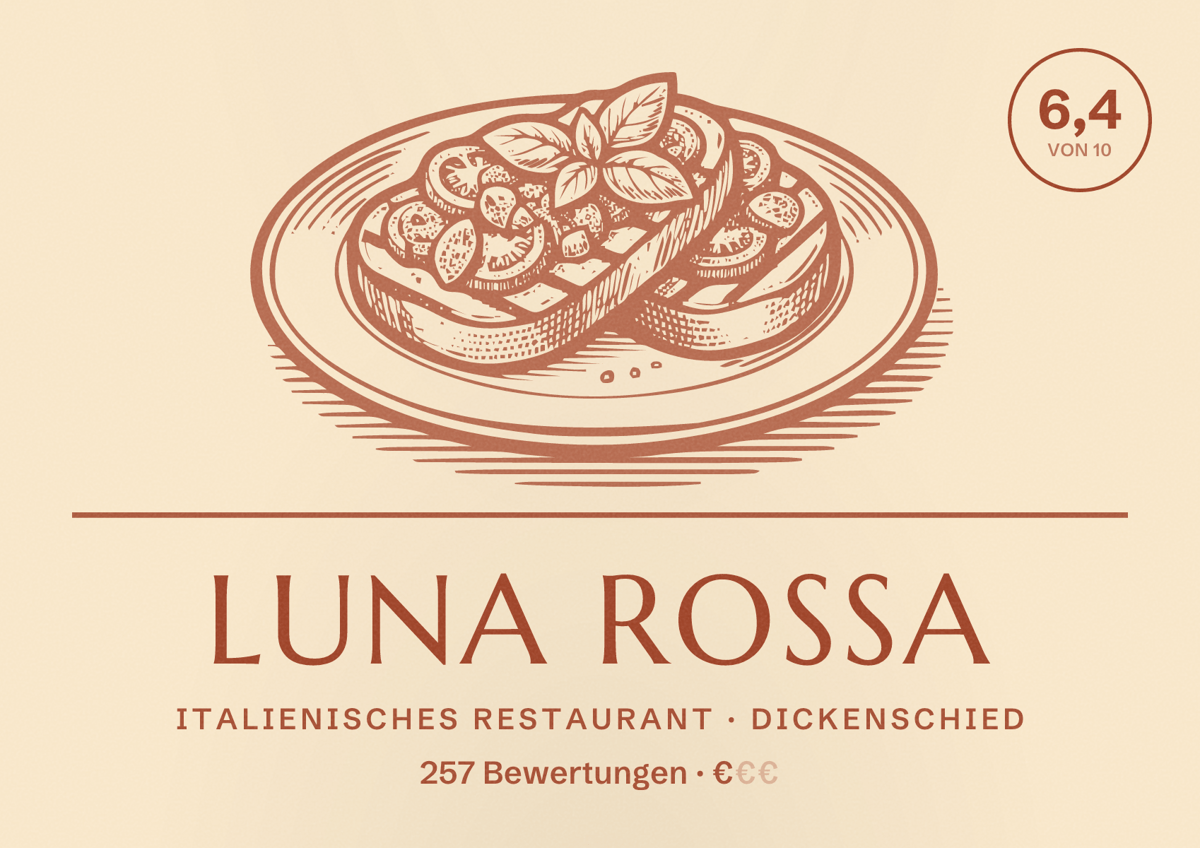 Illustriertes Poster von Luna Rossa, Italienisches Restaurant in Dickenschied: Bewertung 6,4 von 10 aus 257 Bewertungen, Preisniveau €