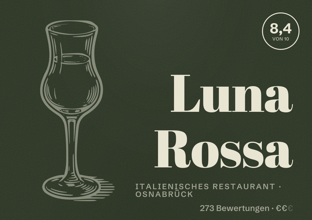 Illustriertes Poster von Luna Rossa, Italienisches Restaurant in Osnabrück: Bewertung 8,4 von 10 aus 273 Bewertungen, Preisniveau €€