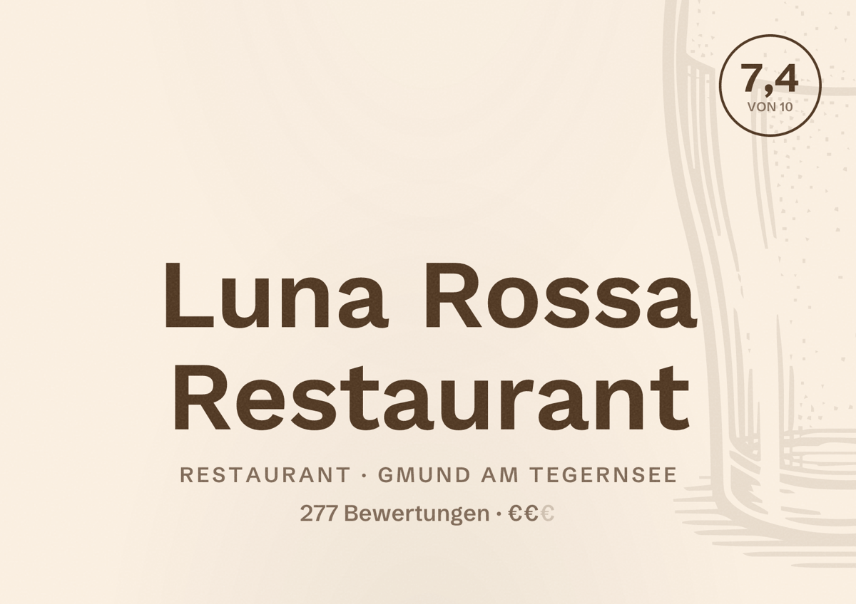 Illustriertes Poster von Luna Rossa Restaurant, Restaurant in Gmund am Tegernsee: Bewertung 7,4 von 10 aus 277 Bewertungen, Preisniveau €€