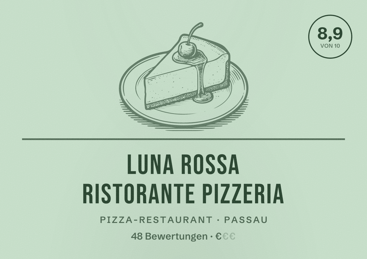 Illustriertes Poster von LUNA ROSSA Ristorante Pizzeria, Pizza-Restaurant in Passau: Bewertung 8,9 von 10 aus 48 Bewertungen, Preisniveau €