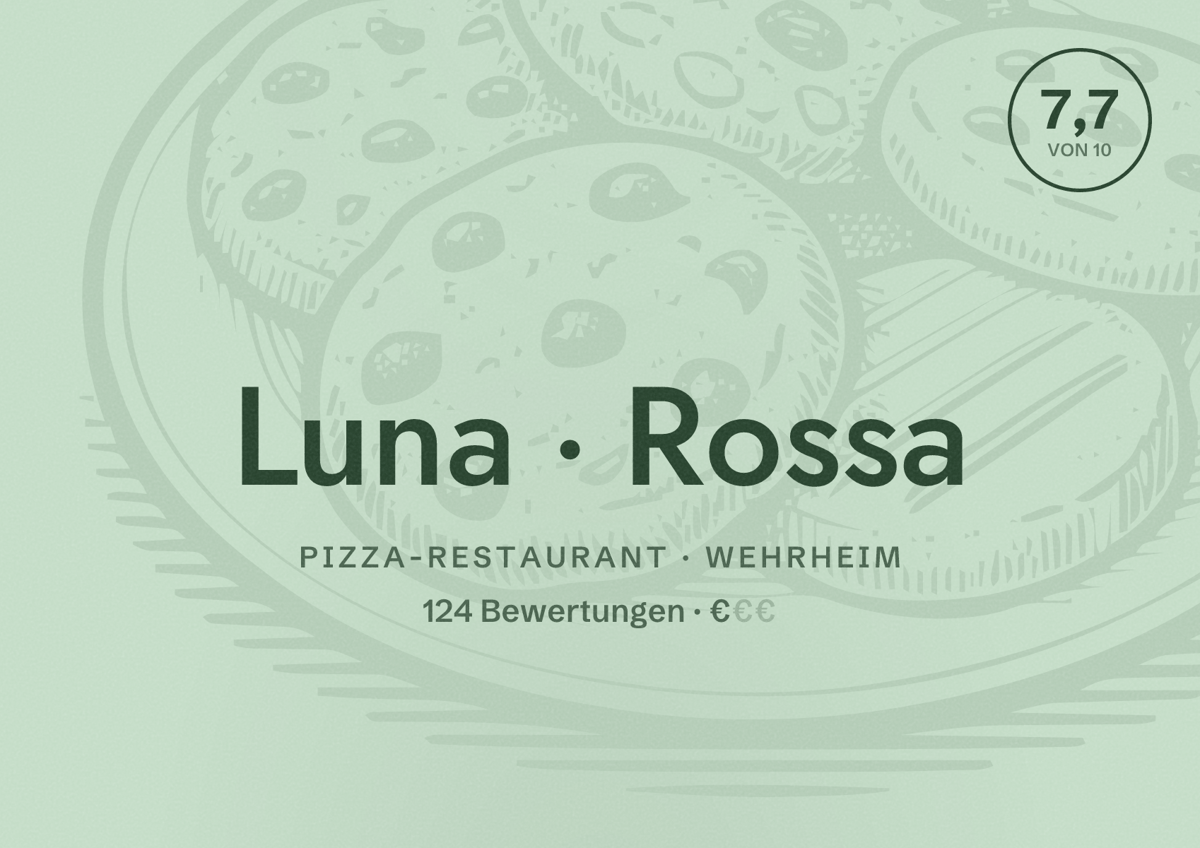 Illustriertes Poster von Luna Rossa, Pizza-Restaurant in Wehrheim: Bewertung 7,7 von 10 aus 124 Bewertungen, Preisniveau €
