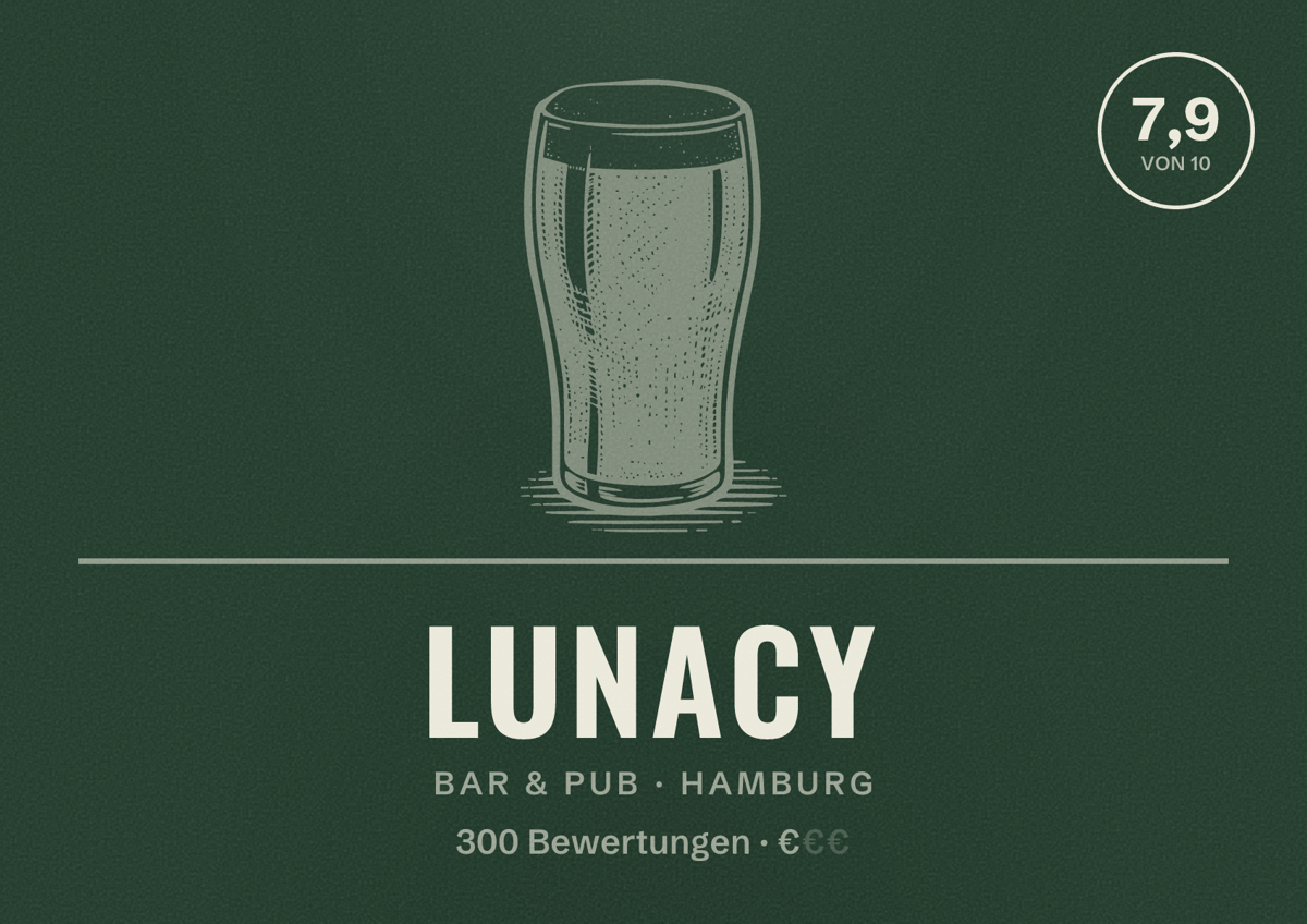 Illustriertes Poster von Lunacy, Bar & Pub in Hamburg: Bewertung 7,9 von 10 aus 300 Bewertungen, Preisniveau €