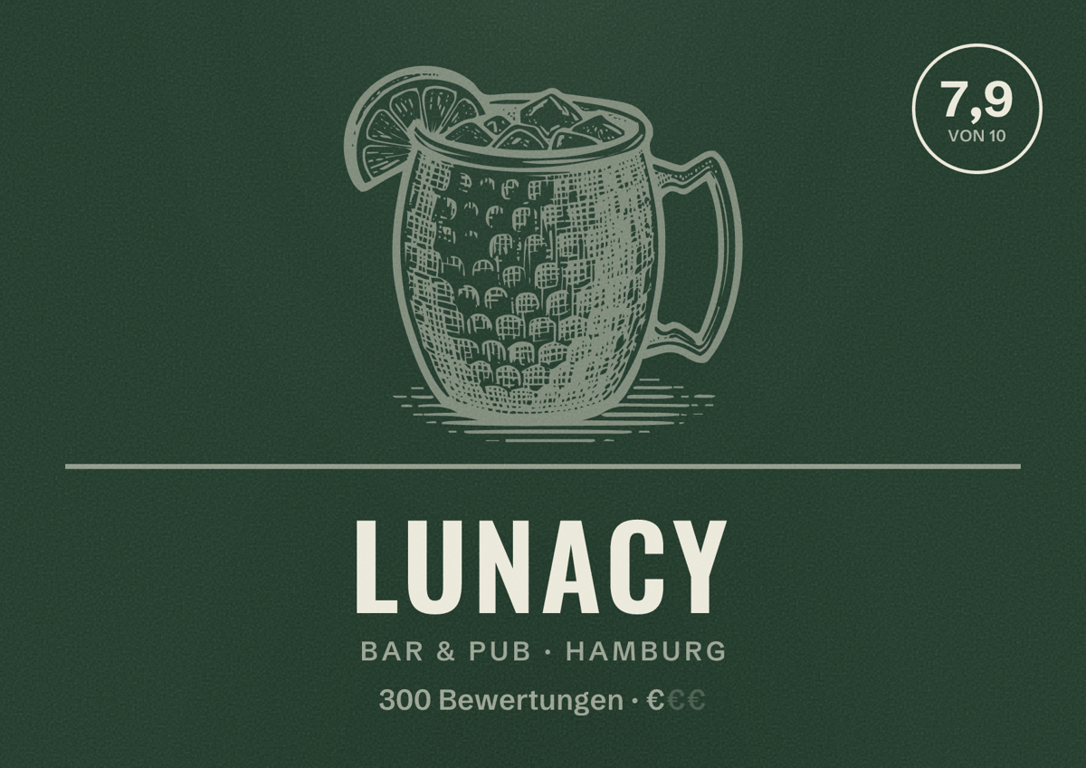 Illustriertes Poster von Lunacy, Bar & Pub in Hamburg: Bewertung 7,9 von 10 aus 300 Bewertungen, Preisniveau €