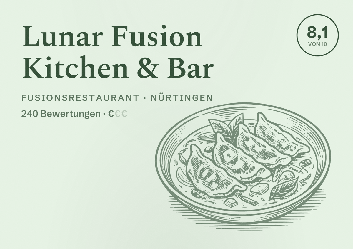 Illustriertes Poster von Lunar Fusion Kitchen & Bar, Fusionsrestaurant in Nürtingen: Bewertung 8,1 von 10 aus 240 Bewertungen, Preisniveau €
