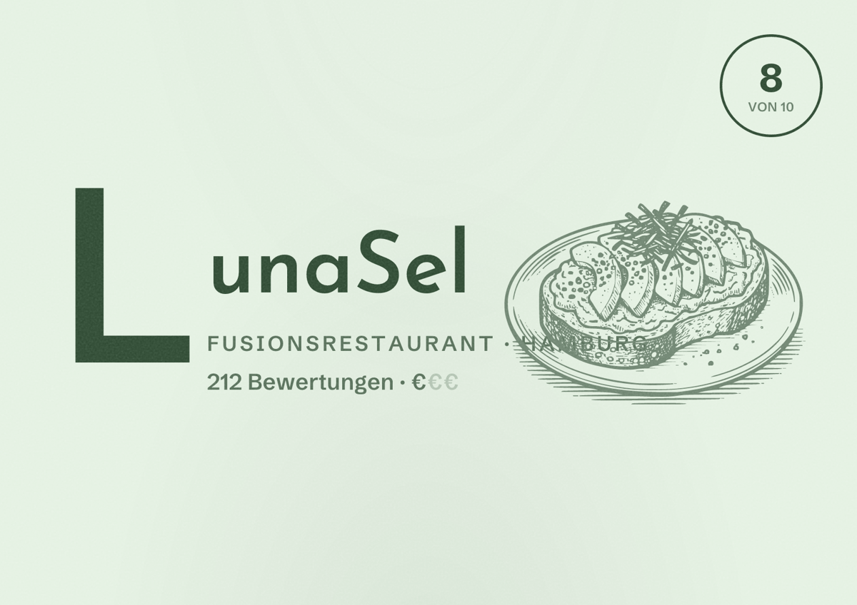 Illustriertes Poster von LunaSel, Fusionsrestaurant in Hamburg: Bewertung 8 von 10 aus 212 Bewertungen, Preisniveau €