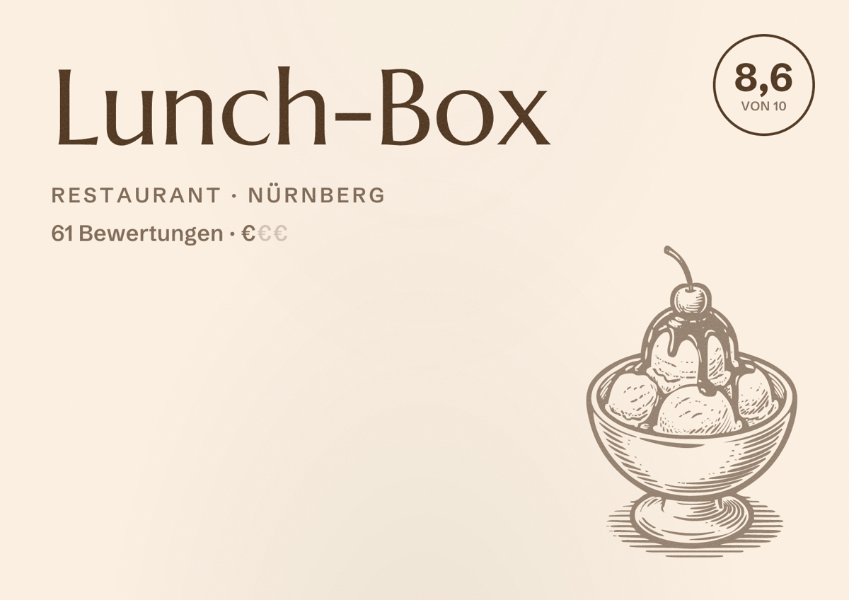 Illustriertes Poster von Lunch-Box, Restaurant in Nürnberg: Bewertung 8,6 von 10 aus 61 Bewertungen, Preisniveau €