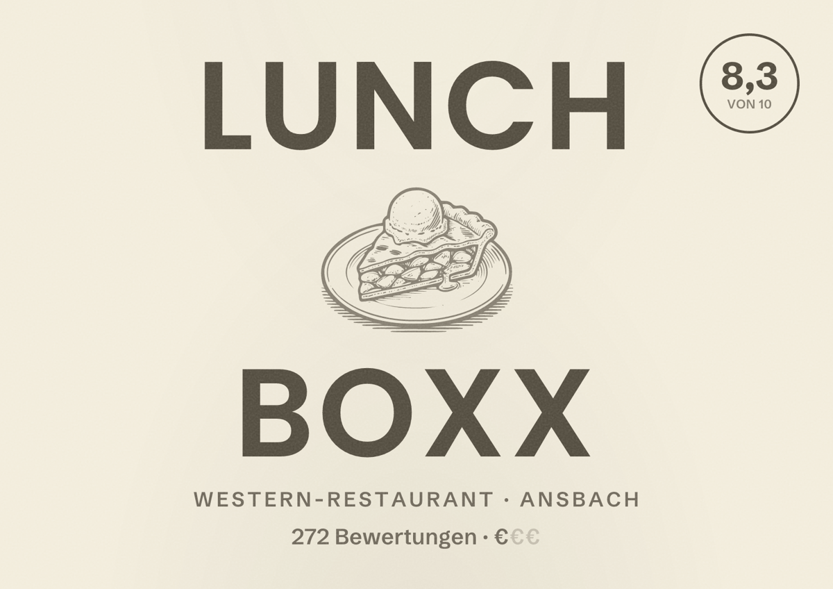 Illustriertes Poster von Lunch BoxX, Western-Restaurant in Ansbach: Bewertung 8,3 von 10 aus 272 Bewertungen, Preisniveau €