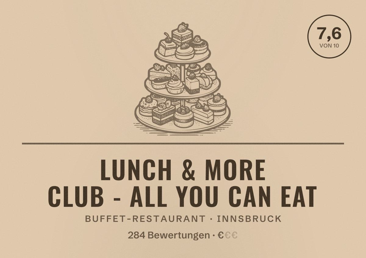 Illustriertes Poster von Lunch & More Club - All You Can Eat, Buffet-Restaurant in Innsbruck: Bewertung 7,6 von 10 aus 284 Bewertungen, Preisniveau €