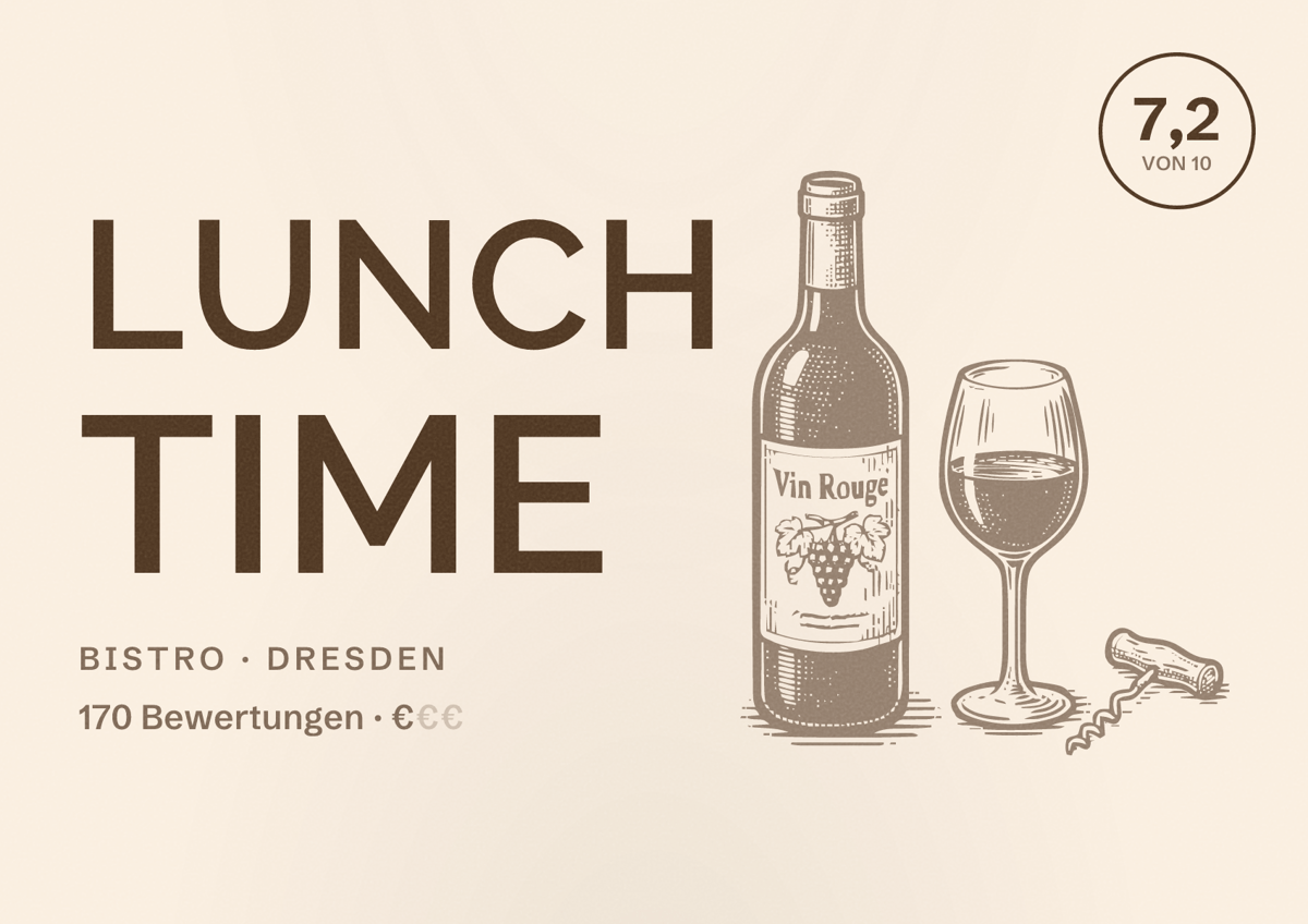 Illustriertes Poster von Lunch Time, Bistro in Dresden: Bewertung 7,2 von 10 aus 170 Bewertungen, Preisniveau €