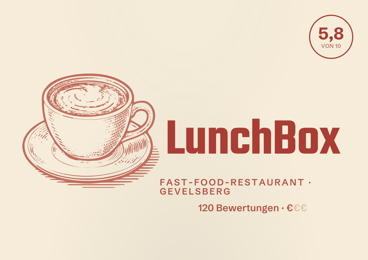 Illustriertes Poster von LunchBox, Fast-Food-Restaurant in Gevelsberg: Bewertung 5,8 von 10 aus 120 Bewertungen, Preisniveau €