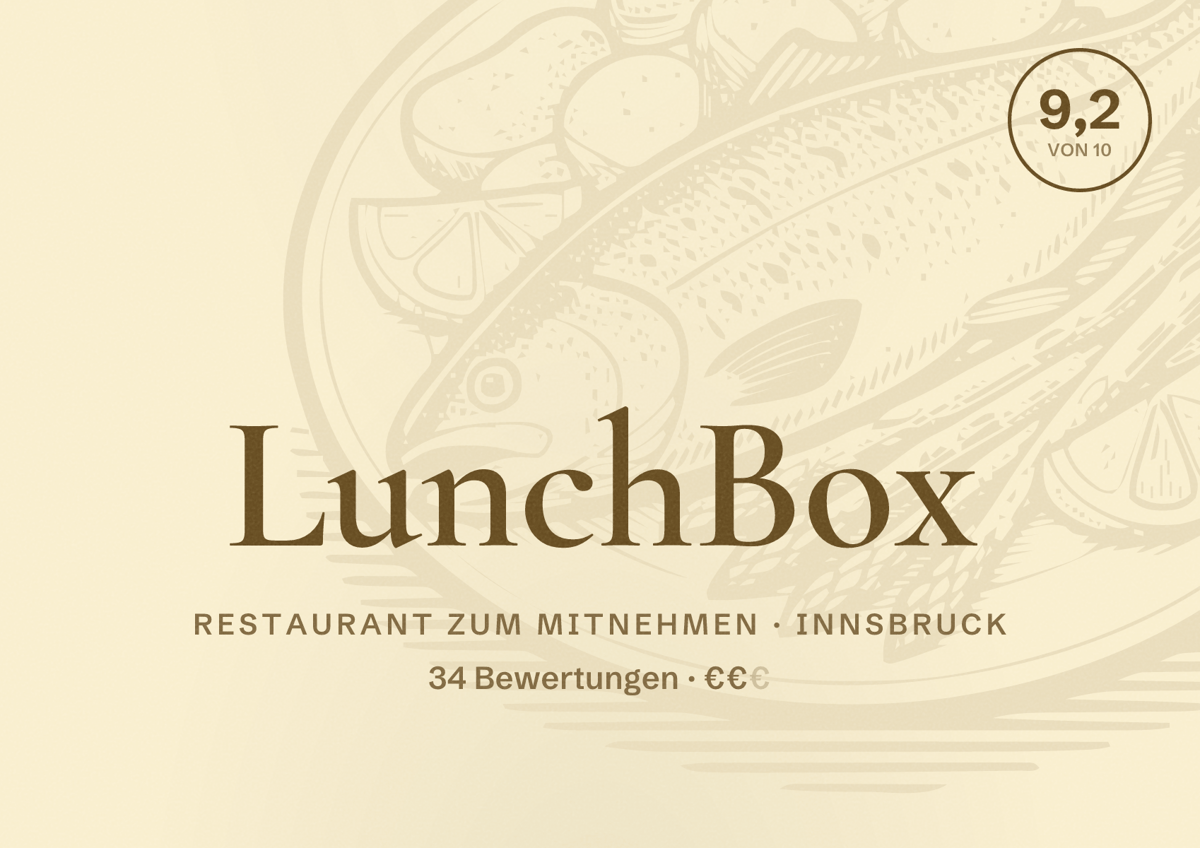 Illustriertes Poster von LunchBox, Restaurant zum Mitnehmen in Innsbruck: Bewertung 9,2 von 10 aus 34 Bewertungen, Preisniveau €€