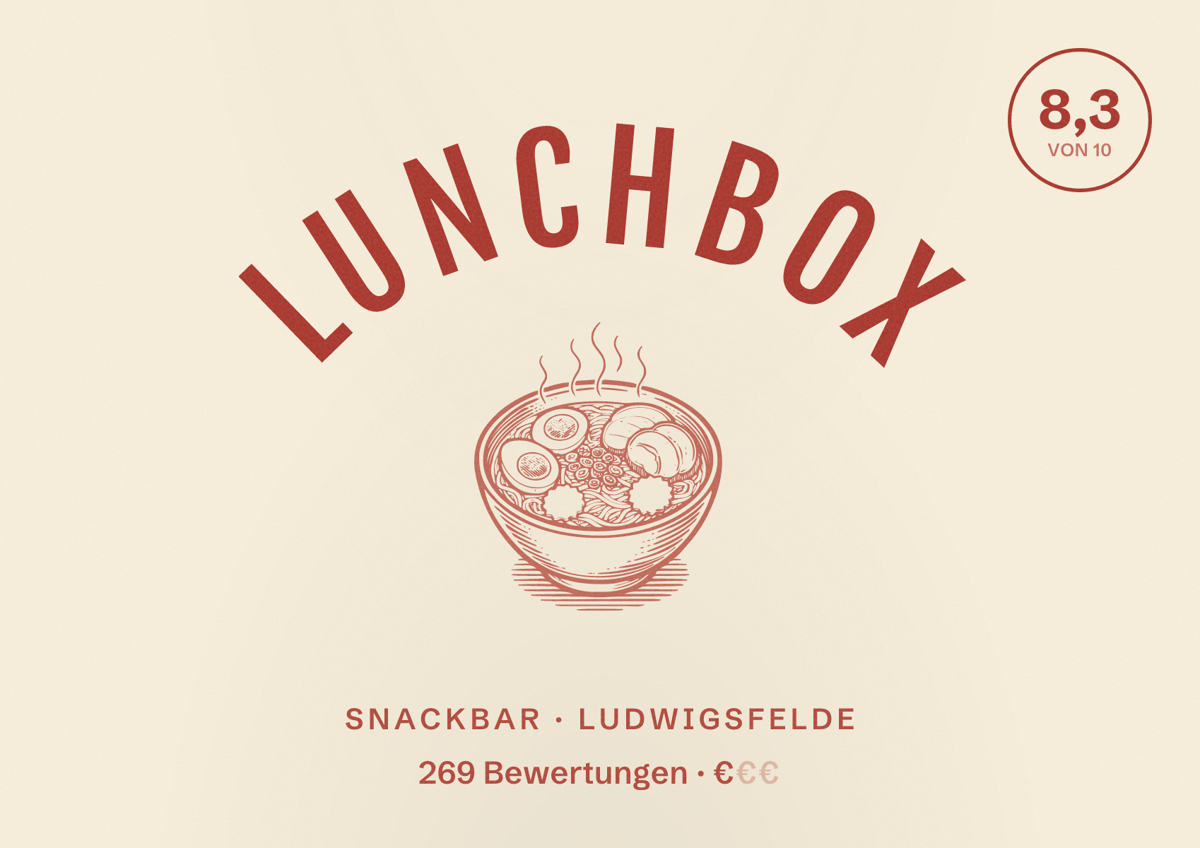 Illustriertes Poster von Lunchbox, Snackbar in Ludwigsfelde: Bewertung 8,3 von 10 aus 269 Bewertungen, Preisniveau €