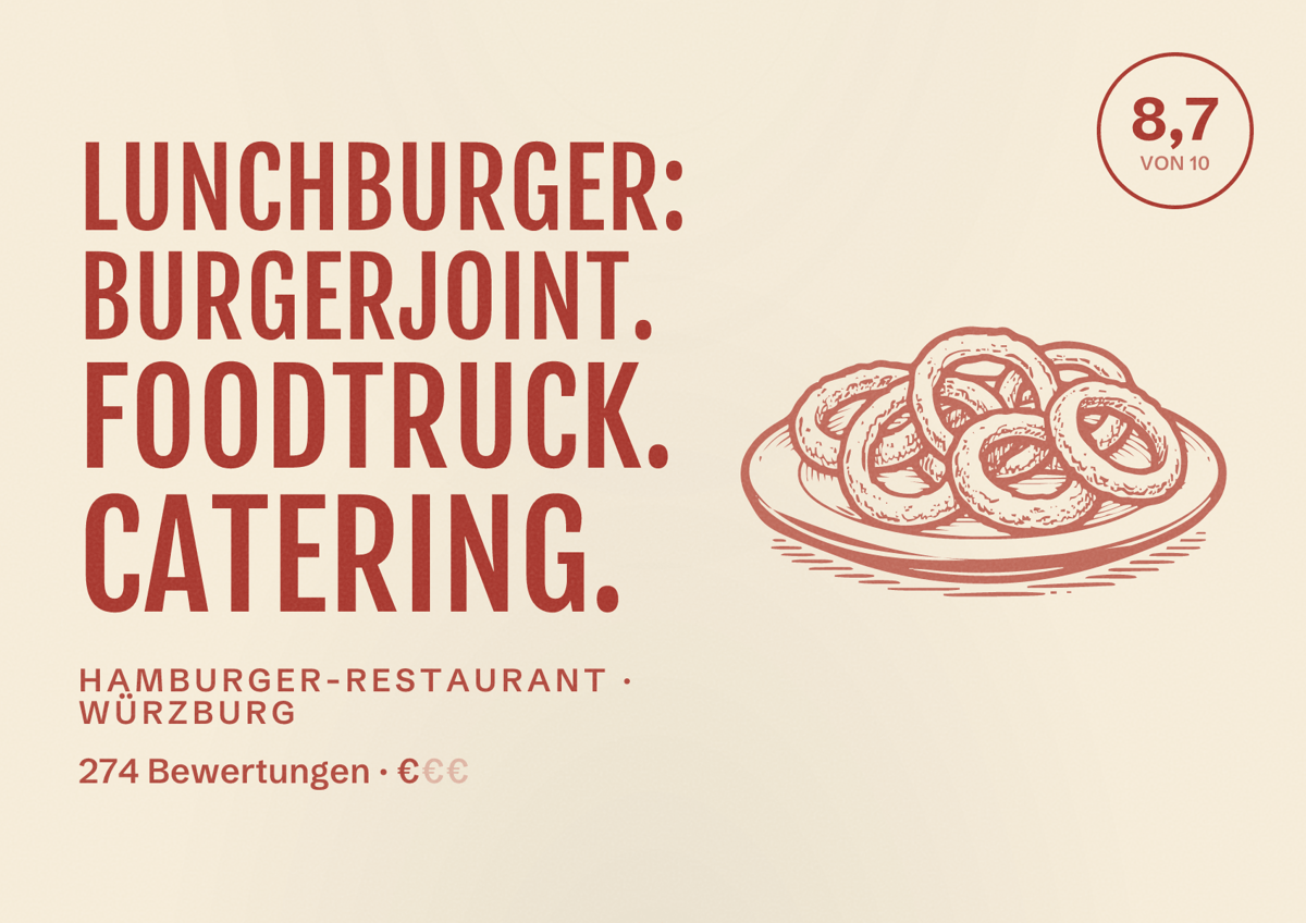 Illustriertes Poster von Lunchburger: Burgerjoint. Foodtruck. Catering., Hamburger-Restaurant in Würzburg: Bewertung 8,7 von 10 aus 274 Bewertungen, Preisniveau €