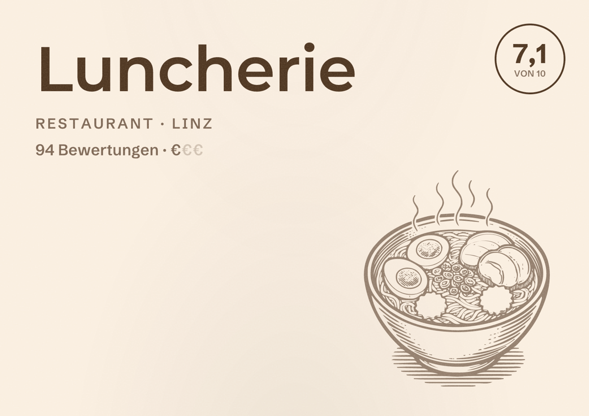 Illustriertes Poster von Luncherie, Restaurant in Linz: Bewertung 7,1 von 10 aus 94 Bewertungen, Preisniveau €