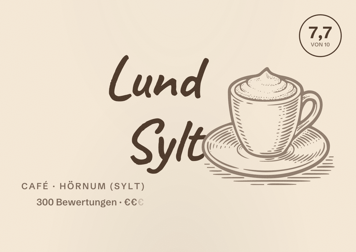 Illustriertes Poster von Lund Sylt, Café in Hörnum (Sylt): Bewertung 7,7 von 10 aus 300 Bewertungen, Preisniveau €€
