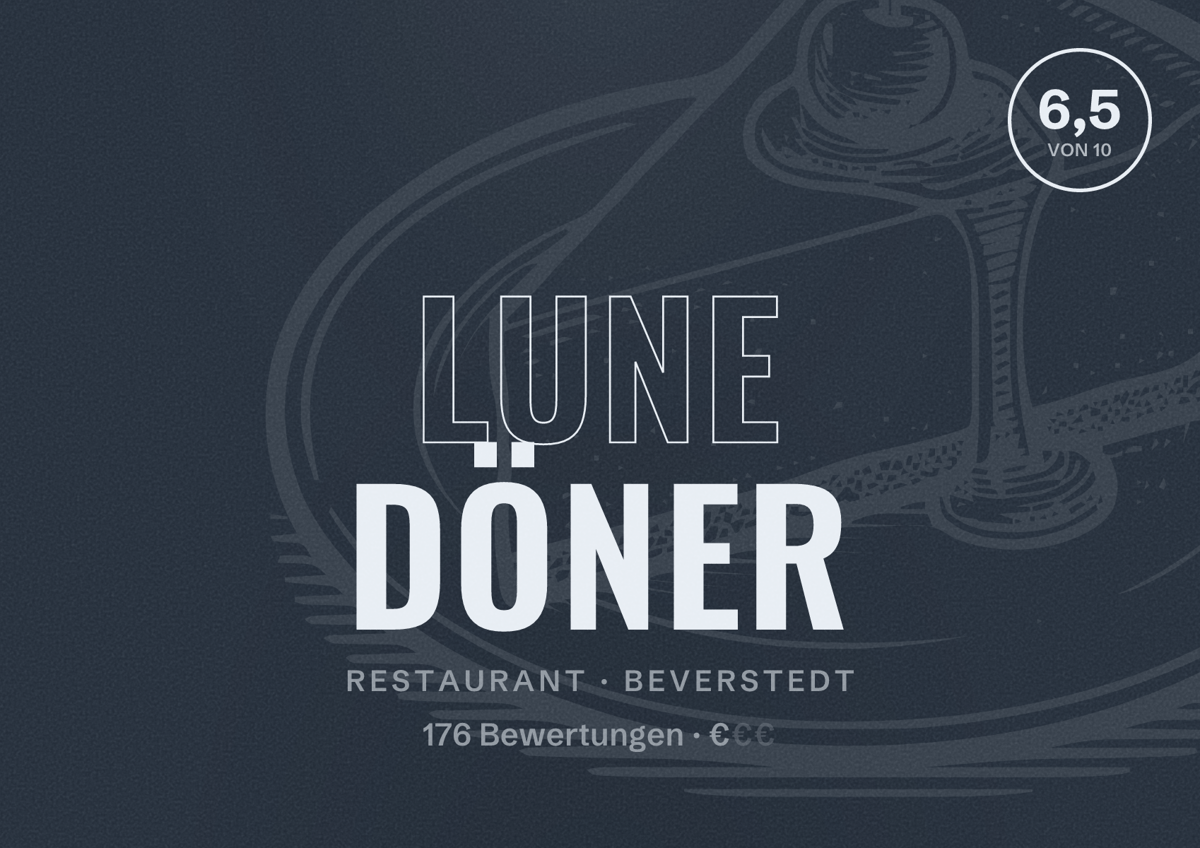 Illustriertes Poster von Lune Döner, Restaurant in Beverstedt: Bewertung 6,5 von 10 aus 176 Bewertungen, Preisniveau €