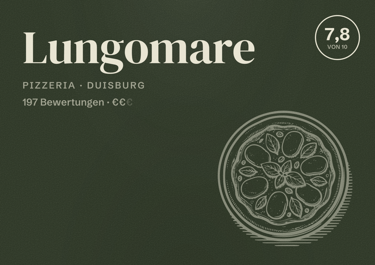 Illustriertes Poster von Lungomare, Pizzeria in Duisburg: Bewertung 7,8 von 10 aus 197 Bewertungen, Preisniveau €€