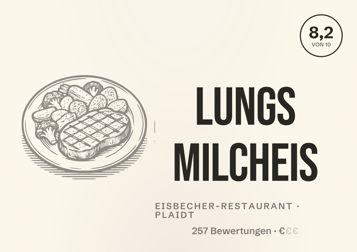 Illustriertes Poster von Lungs Milcheis, Eisbecher-Restaurant in Plaidt: Bewertung 8,2 von 10 aus 257 Bewertungen, Preisniveau €