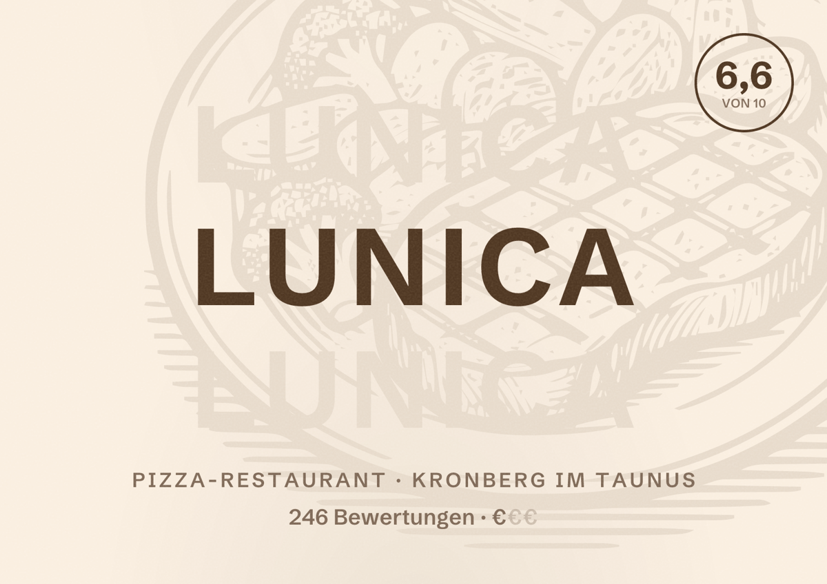 Illustriertes Poster von Lunica, Pizza-Restaurant in Kronberg im Taunus: Bewertung 6,6 von 10 aus 246 Bewertungen, Preisniveau €