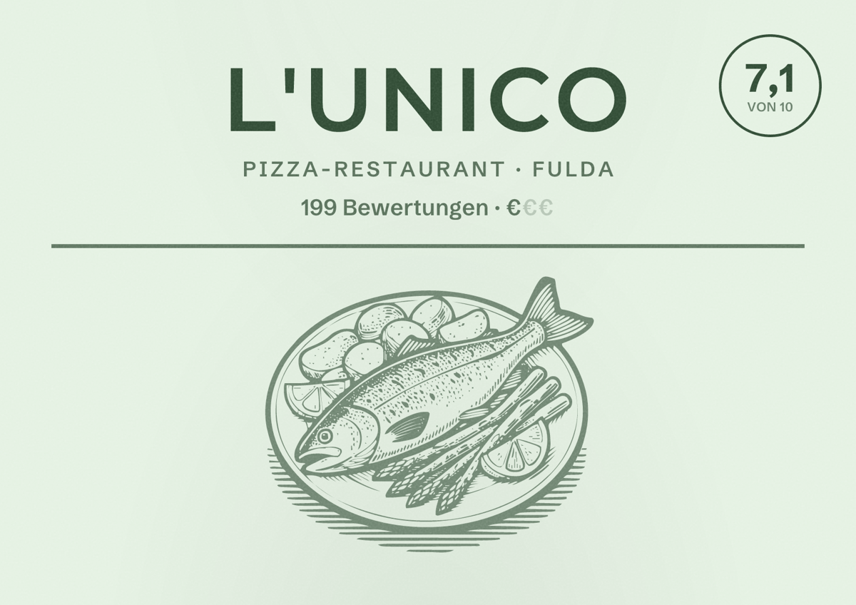 Illustriertes Poster von L'Unico, Pizza-Restaurant in Fulda: Bewertung 7,1 von 10 aus 199 Bewertungen, Preisniveau €