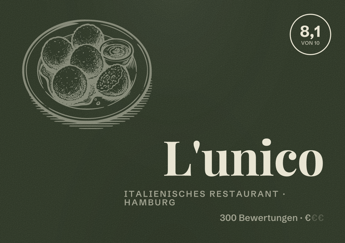 Illustriertes Poster von L'unico, Italienisches Restaurant in Hamburg: Bewertung 8,1 von 10 aus 300 Bewertungen, Preisniveau €