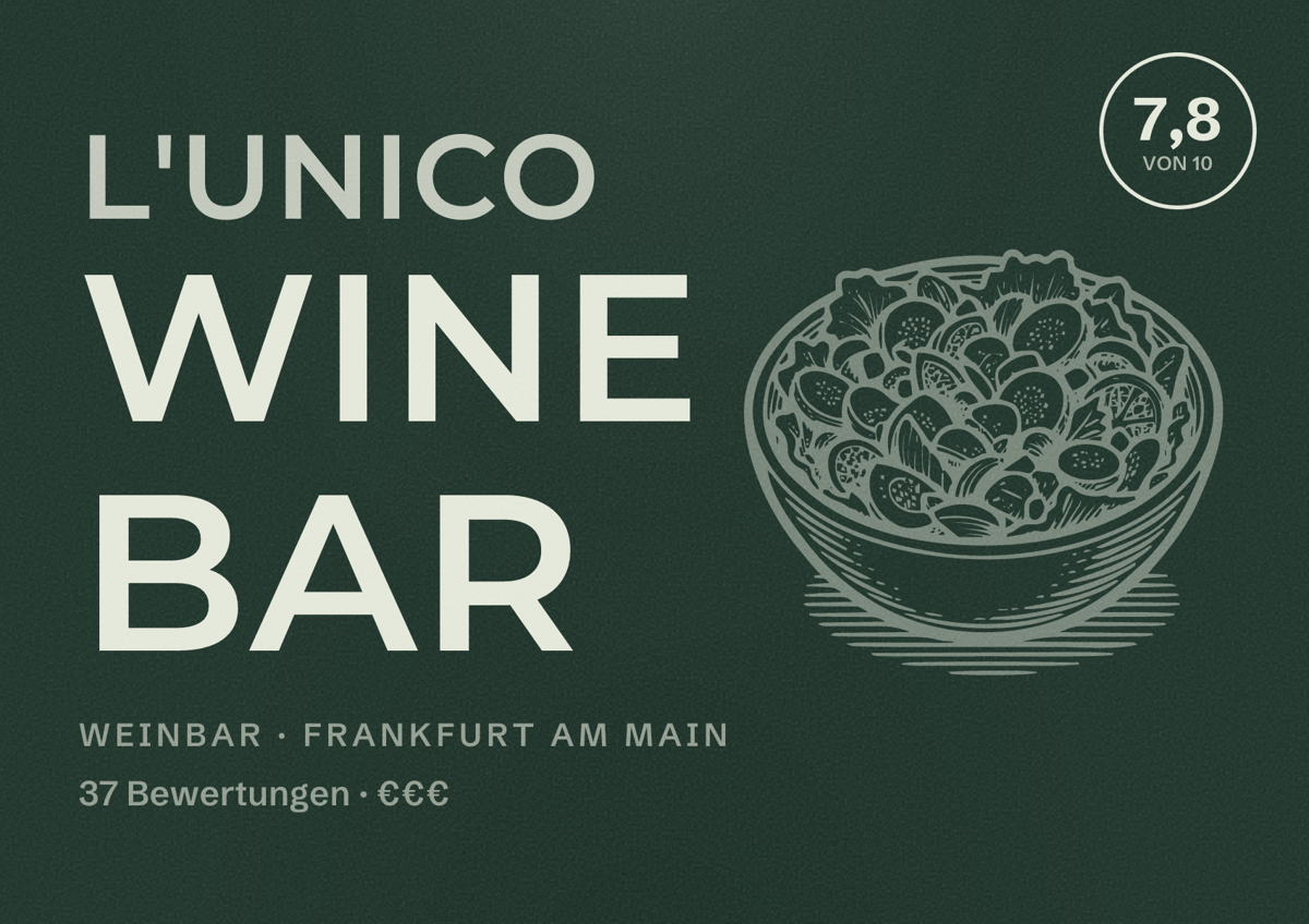 Illustriertes Poster von L'UNICO Wine Bar, Weinbar in Frankfurt am Main: Bewertung 7,8 von 10 aus 37 Bewertungen, Preisniveau €€€