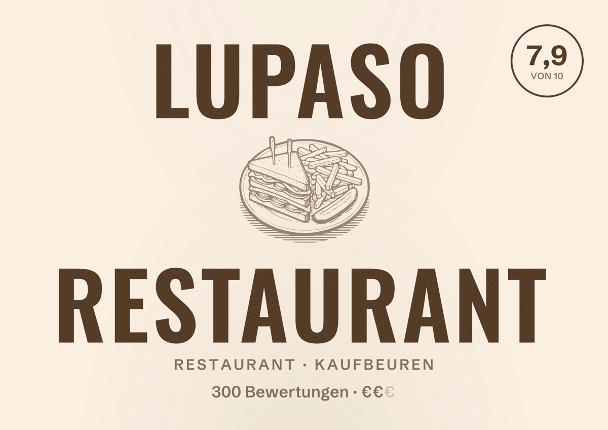 Illustriertes Poster von LUPASO Restaurant, Restaurant in Kaufbeuren: Bewertung 7,9 von 10 aus 300 Bewertungen, Preisniveau €€