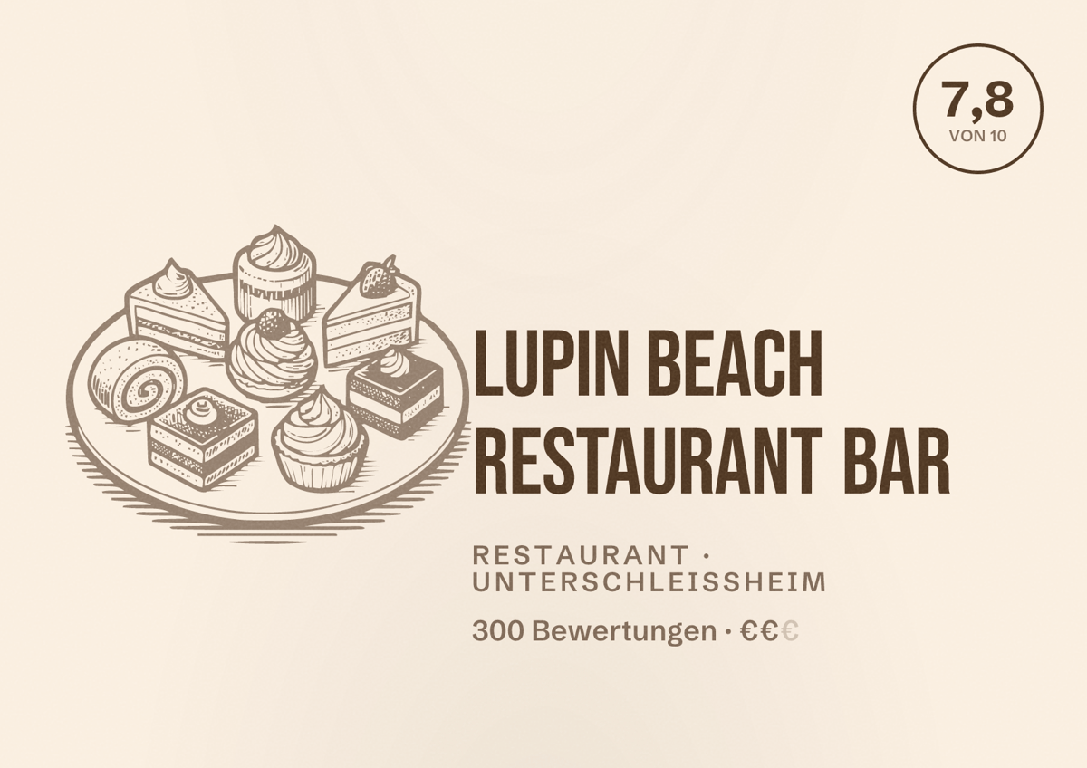 Illustriertes Poster von Lupin Beach Restaurant Bar, Restaurant in Unterschleißheim: Bewertung 7,8 von 10 aus 300 Bewertungen, Preisniveau €€