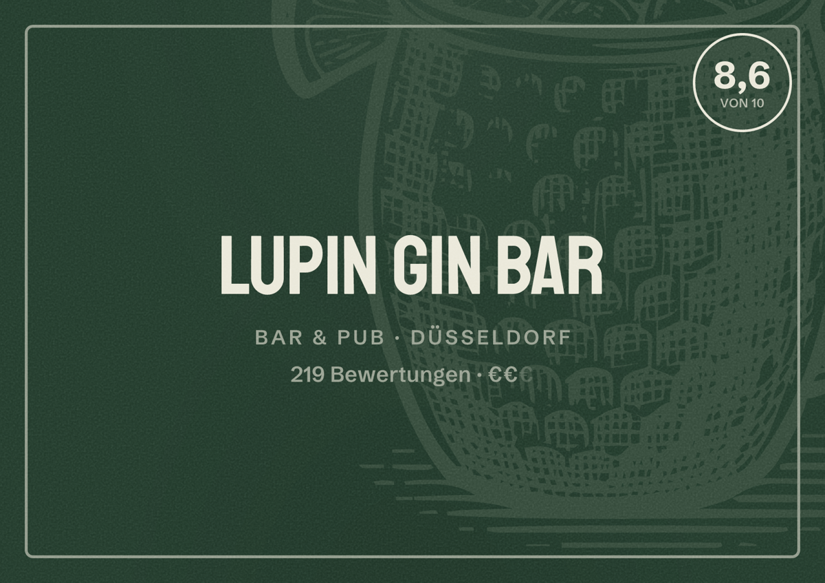 Illustriertes Poster von Lupin Gin Bar, Bar & Pub in Düsseldorf: Bewertung 8,6 von 10 aus 219 Bewertungen, Preisniveau €€