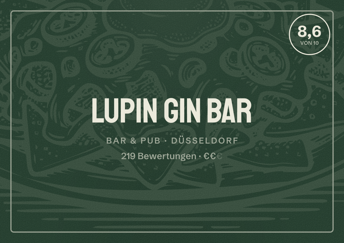 Illustriertes Poster von Lupin Gin Bar, Bar & Pub in Düsseldorf: Bewertung 8,6 von 10 aus 219 Bewertungen, Preisniveau €€