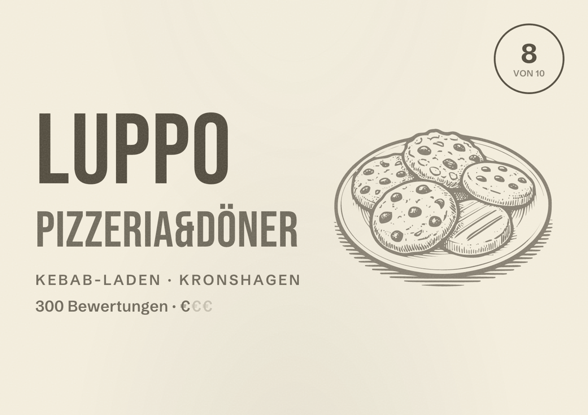 Illustriertes Poster von Luppo Pizzeria&Döner, Kebab-Laden in Kronshagen: Bewertung 8 von 10 aus 300 Bewertungen, Preisniveau €